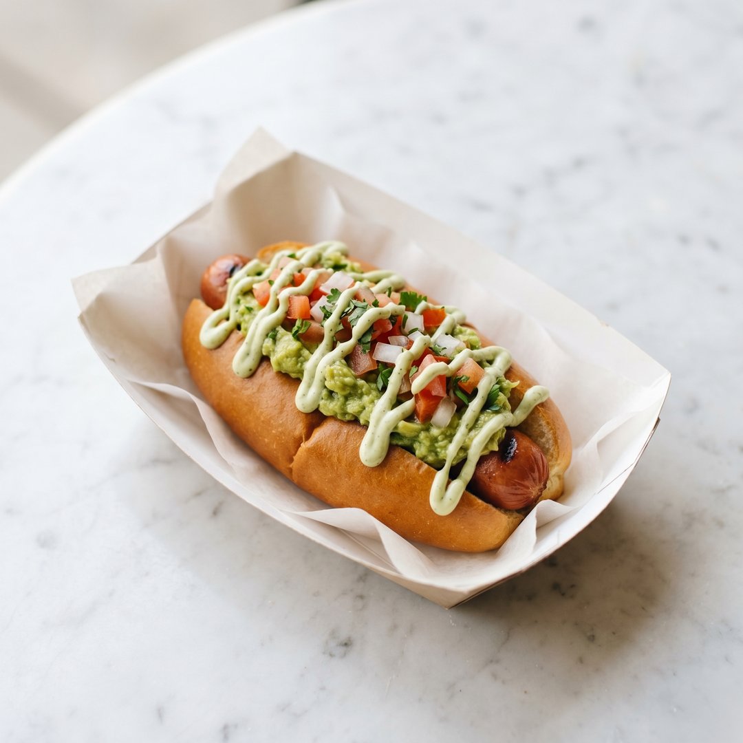Hot dog with guacamole and pico de gallo