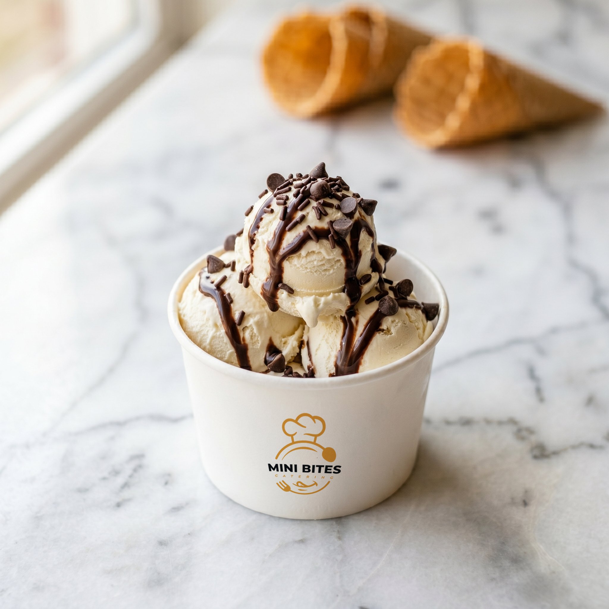 Ice cream cup with chocolate drizzle