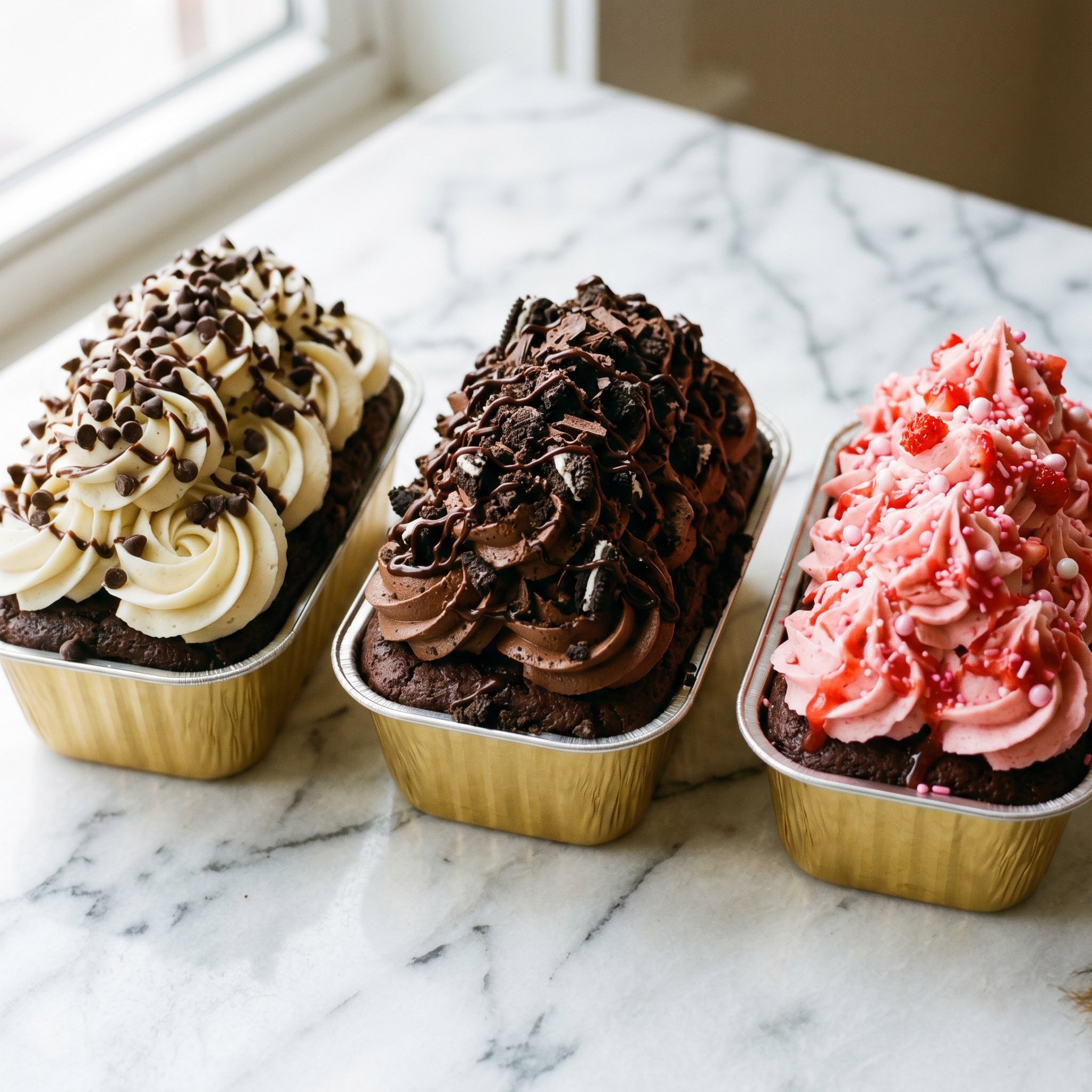 Individual loaf cakes with decorative frosting in three flavors