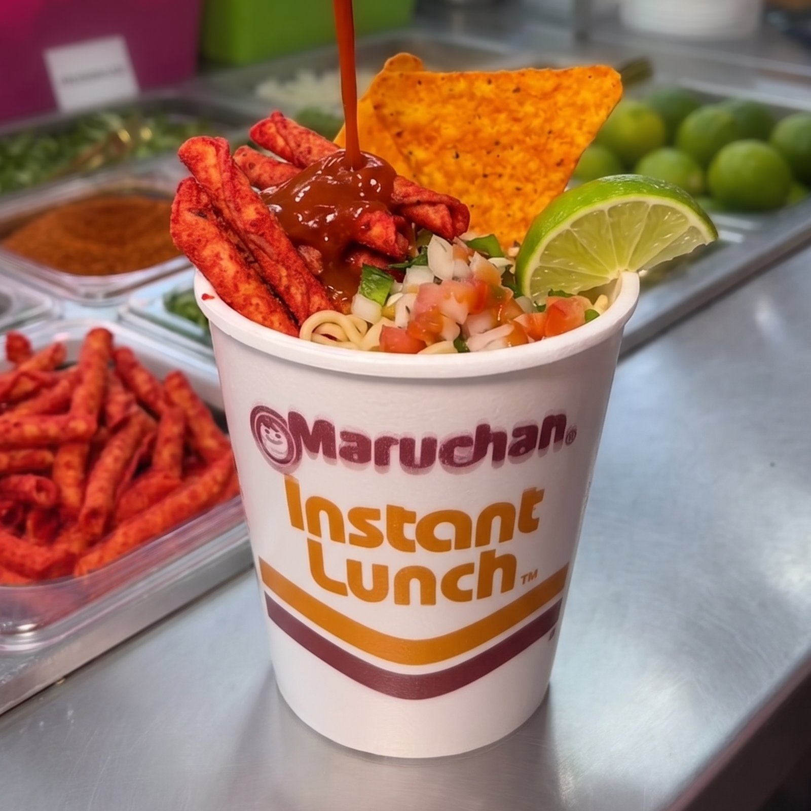 Maruchan preparado with Flamin Hot Cheetos and lime