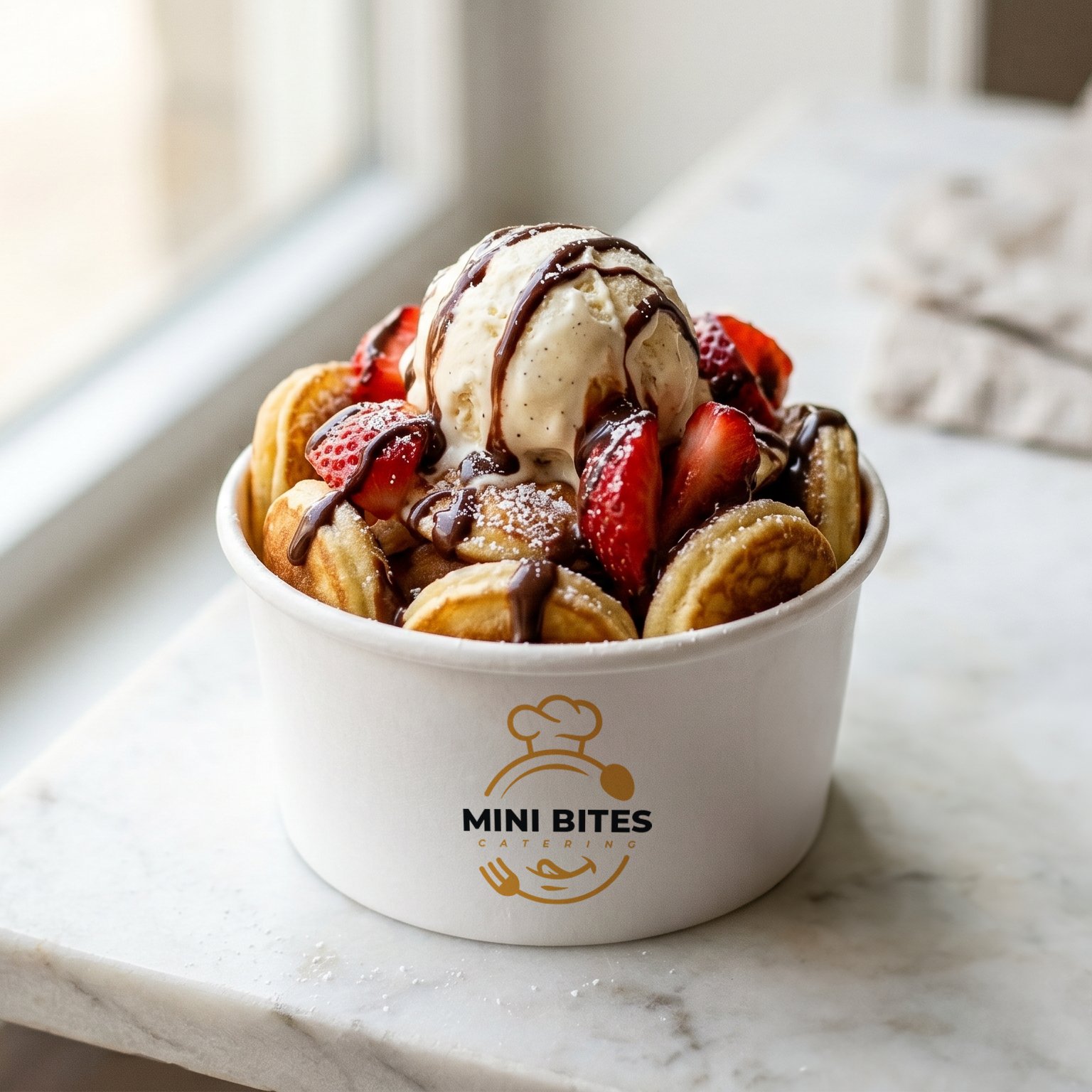 Mini pancakes with ice cream and strawberries