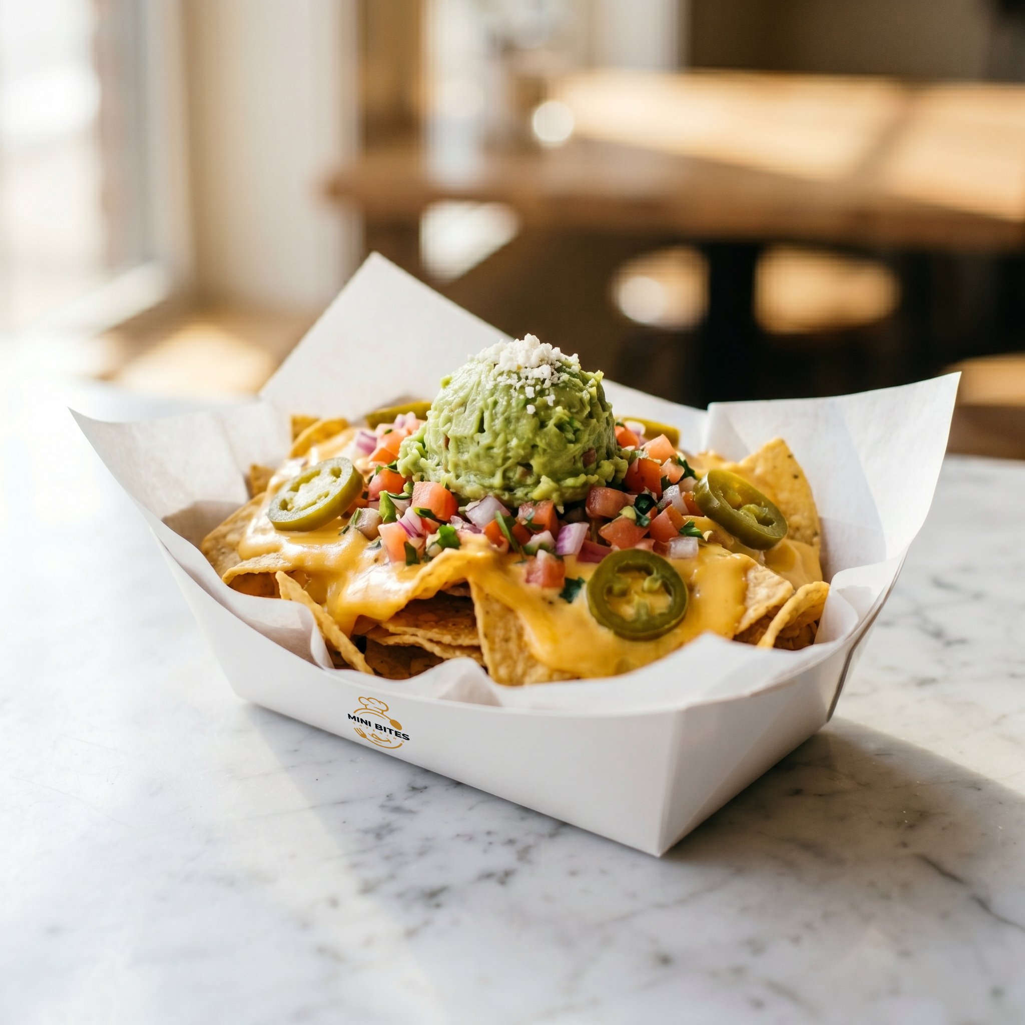 Nachos with cheese, jalapenos and guacamole